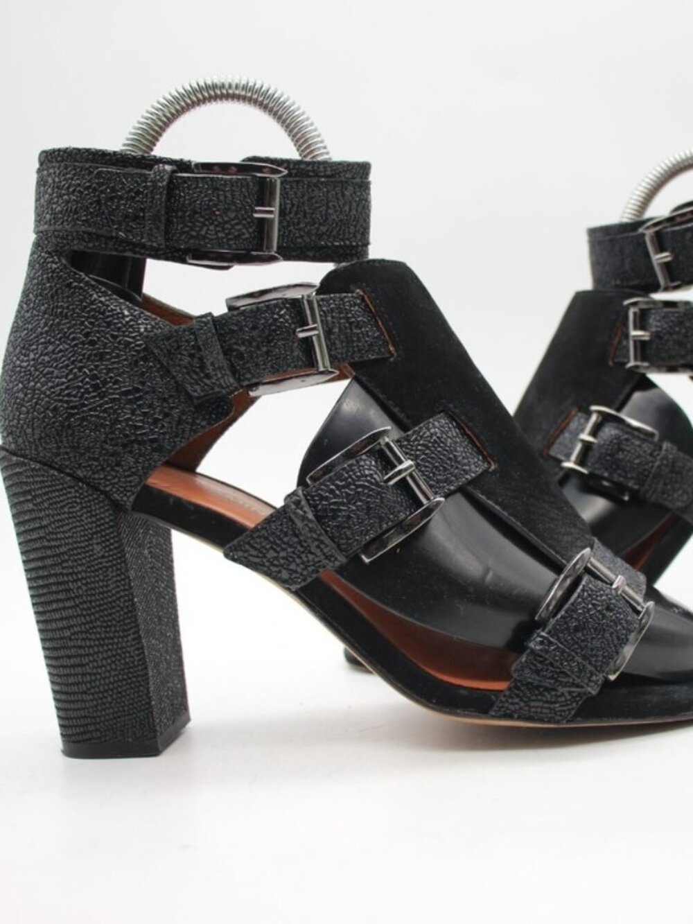 Rebecca Minkoff Sky Black Textured Crackled Buckle Open Toe Heels Sandals Size 8